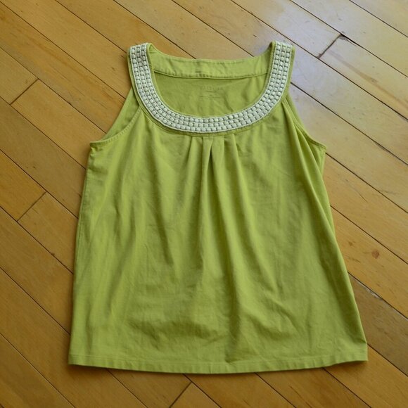 Talbots Top Women's Chartreuse Green Sleeveless Beaded Scoop Neck Tee Medium M - Picture 1 of 9